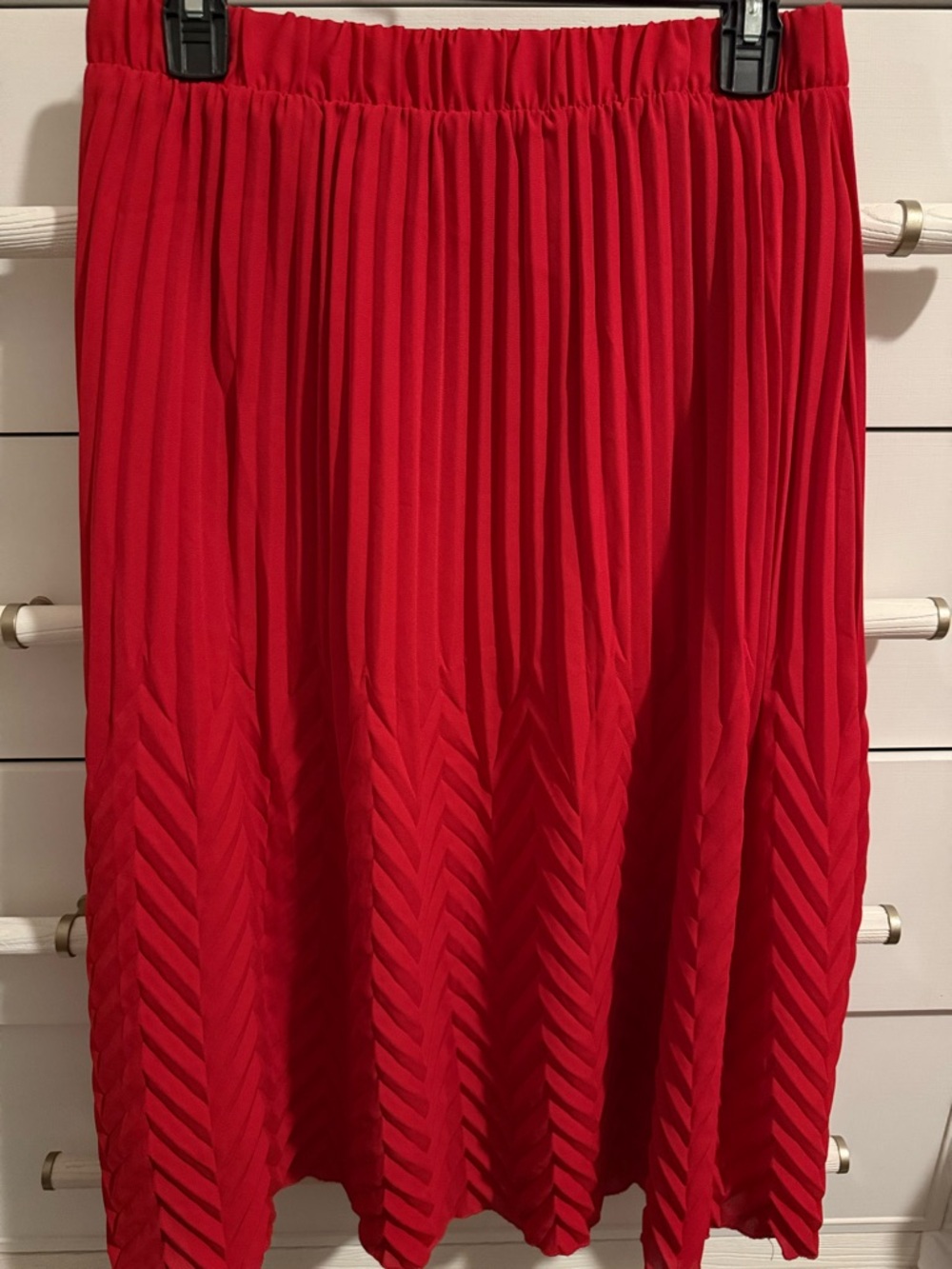 Nannette Red Pleated Midi Skirt with Chevron Texture